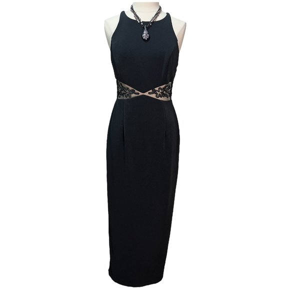 Cache Dresses Vintage Full Length Black Dress With Mesh Panels